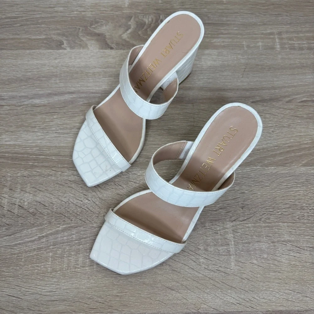 Stuart Weitzman White Croc-Embossed Block Heels Sandals Size 8